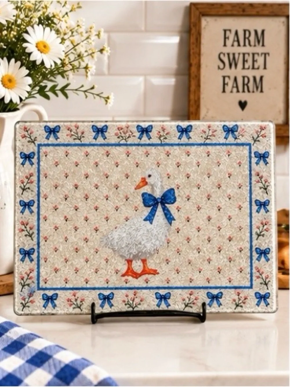 11x8 inch Decorative Goose Cutting Board in Blue and Cream